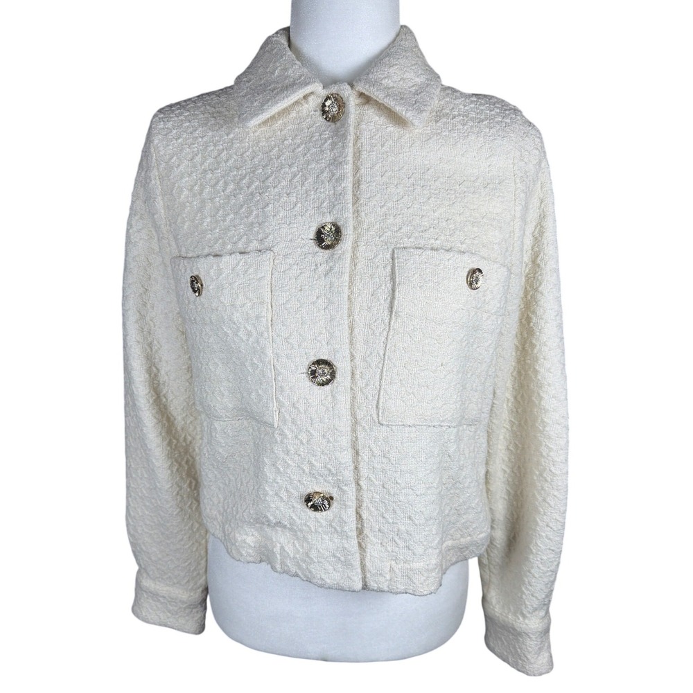 Zara Jacket Women XS Textured Tweed Cream Gold Button Front Cropped NEW